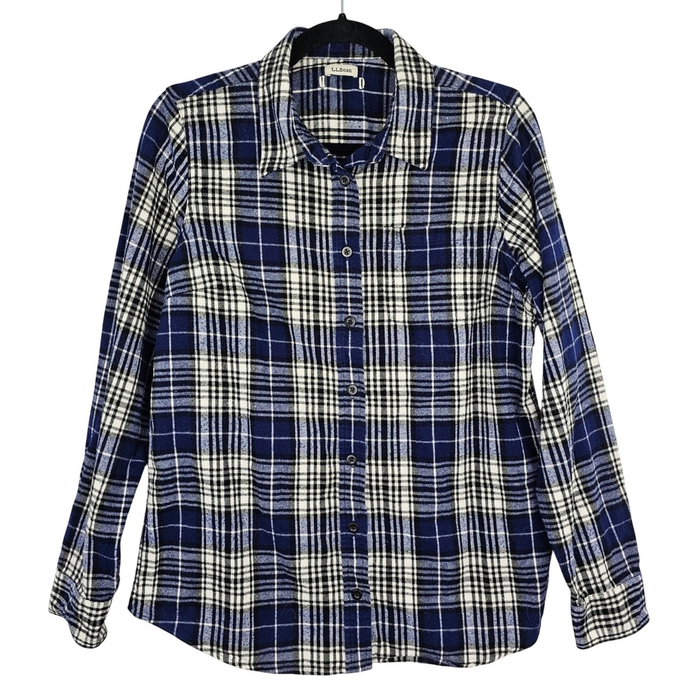 LLBean Women's Blue Plaid Flannel Button Up Shirt Long Sleeve Casual Size Medium